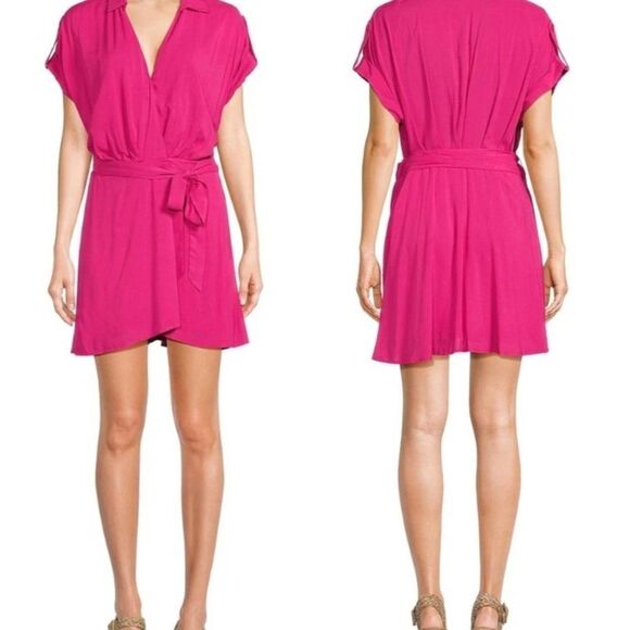 Gianni Bini Fuschia Hot Pink Wrap Short Sleeve Mini Dress Womens M - Picture 1 of 5